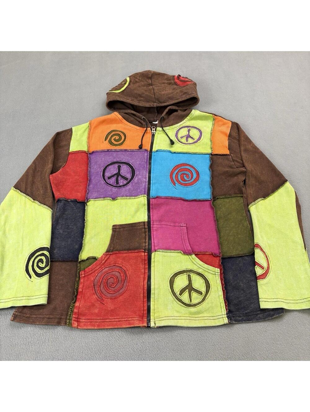 KPC Patchwork Peace Boho Zip Up Hoodie Women’s Size XL Bohemian